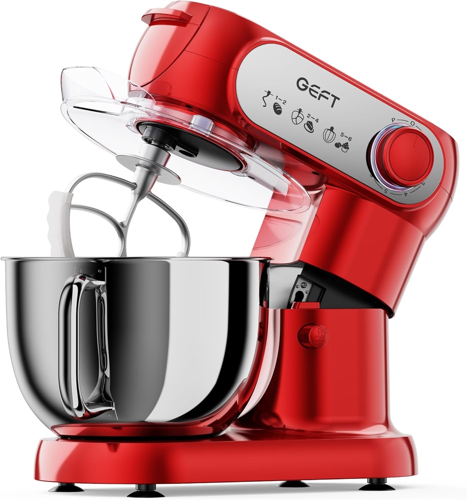 Stand Mixer, 3.5QT+6QT Two Bowls Kitchen Electric Mixer, 600W 6+P speed Tilt-Head Food Mixer with Stainless Steel Bowl, Dishwasher-Safe Dough Hook, Flat Beater, Wire Whisk, Splash Guard, Red