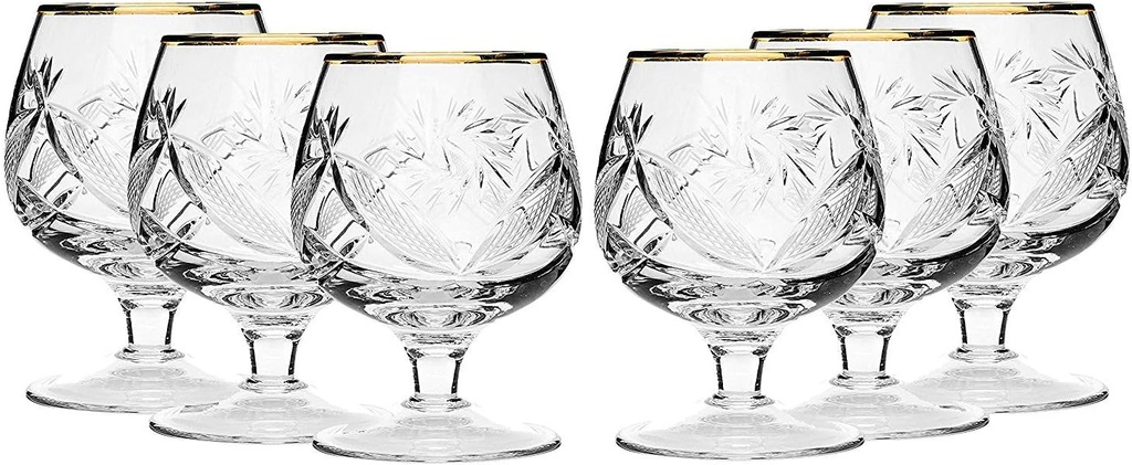 Set of 6 Russian Cut Crystal Stemmed Snifter Goblet (10 Oz) for Cognac Scotch Whiskey, 24K Gold Rimmed Glass, Vodka Liquor Old-Fashioned Glassware Hand Made