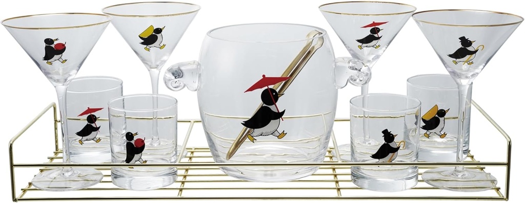 Creative Co-Op 11-Piece Vintage Reproduction Glass Barware Set with Penguin Decal, Gold Finish