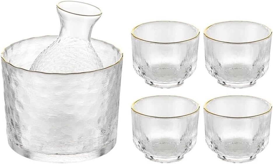 Japanese Sake Set, Hammer Pattern Glass Cups with Gold Rim, Wine Warmer & Tequila Pot