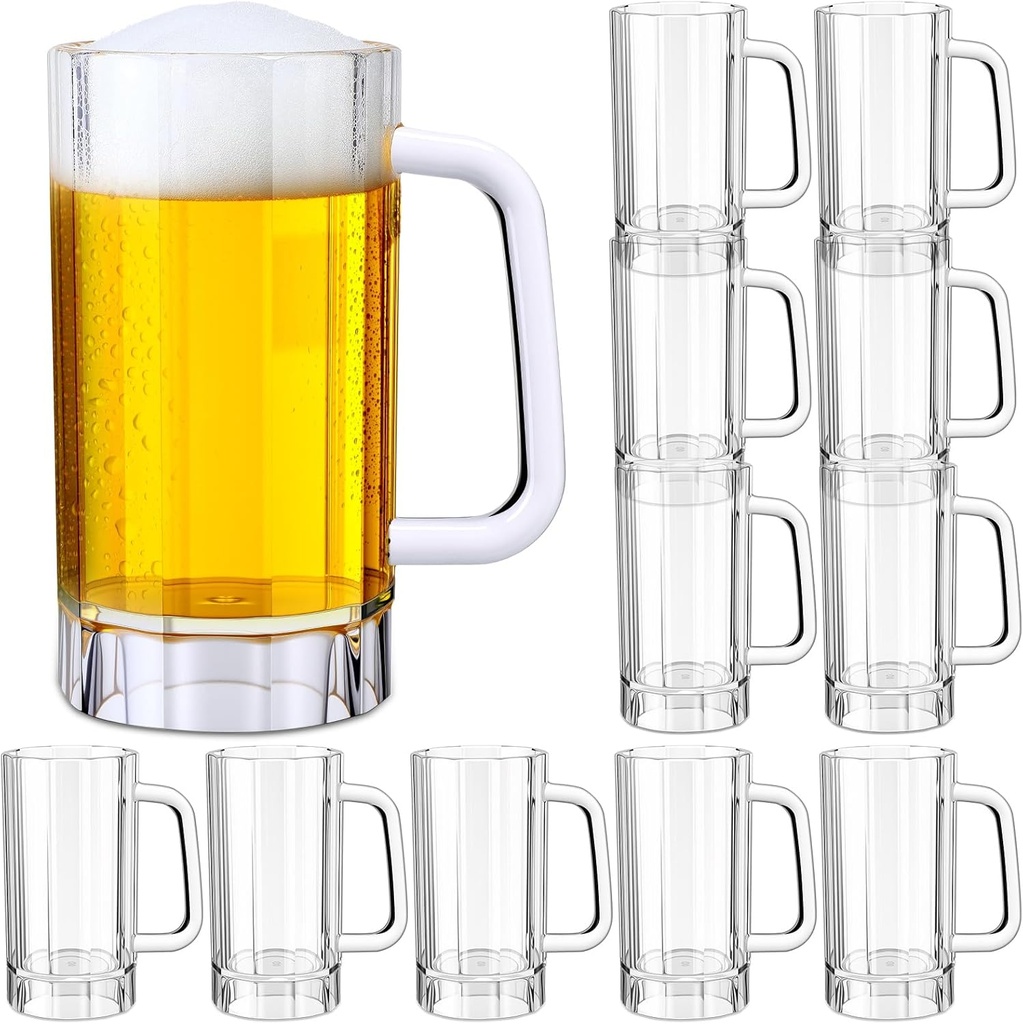 Domensi 12 Pcs 17 oz Small Plastic Beer Mugs with Handles Clear Angular Plastic Steins Beer Glasses with Handle Reusable, Classic Mugs for Whiskey Juice Coffee Tea Cocktail