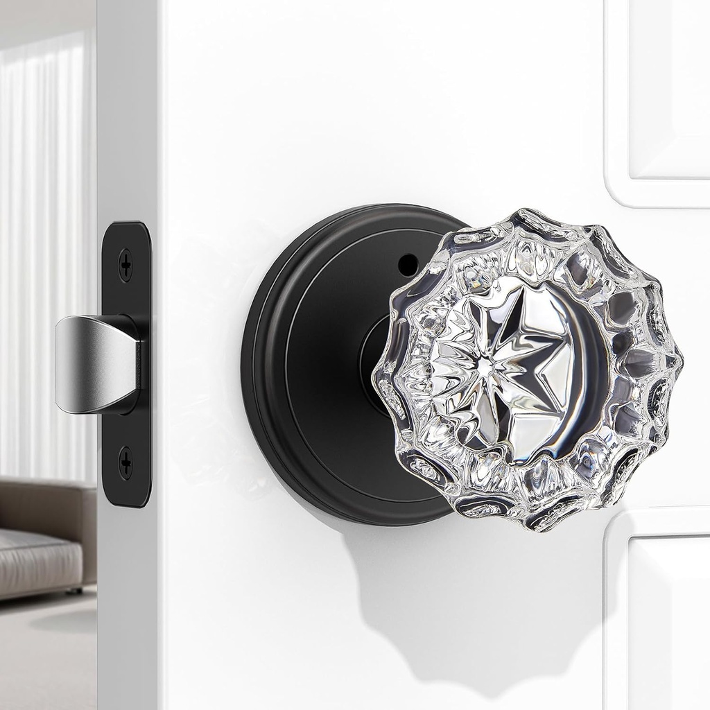 1 Pack Crystal Door Knob, Rosette Shaped Glass Door Knobs Interior with Lock, Matte Black Door Knobs Interior Glass