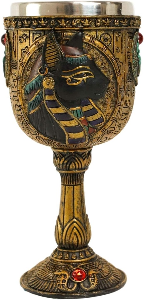 Ebros Ancient Egyptian Goddess Of The Home And Women Bastet Cat Wine Goblet In Golden Hieroglyphic Design With Gods Of Egypt Scarab Uraeus Cobras 6oz 7"Tall Decorative Chalice Cup