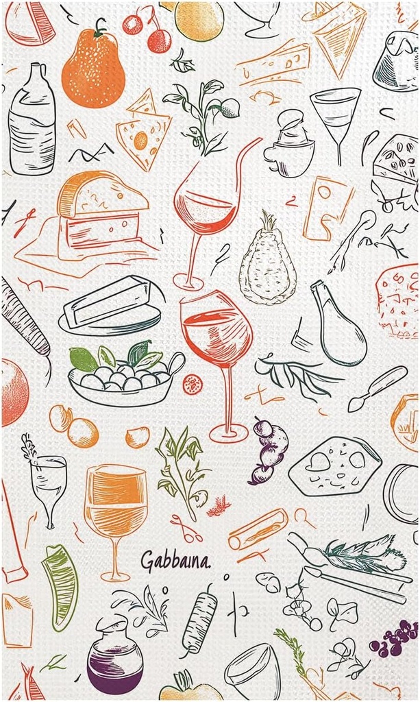 Gourmet Food Kitchen Towels – Colorful Hand-Drawn Cheese & Wine Themed Tea Towel – Foodie Cotton Dish Towel for Wine Lovers, Charcuterie Hosts & Modern Farmhouse Decor,1 Pack