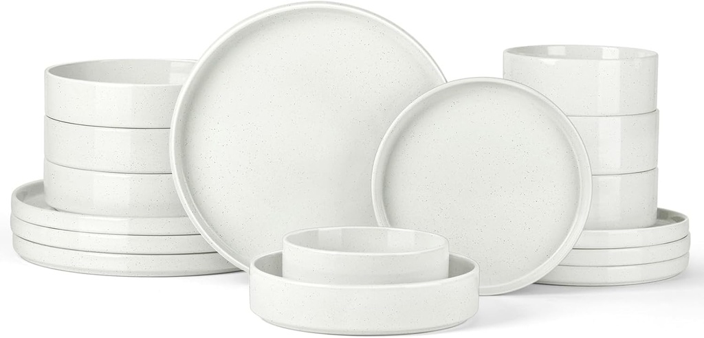 Stoneware Dinnerware Sets for 4 with Pasta Bowl, Onader 16 Piece Plates and Bowls Dish Set, Speckled Kitchen Dishware Dining Ware, Microwave & Dishwasher Safe - Cloud White