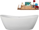 Streamline 75" Freestanding Soaking Bathtub – Glossy White Acrylic Tub with Polished Brass Internal Drain and Bamboo Tray – Modern Luxury Design – 85-Gallon Capacity