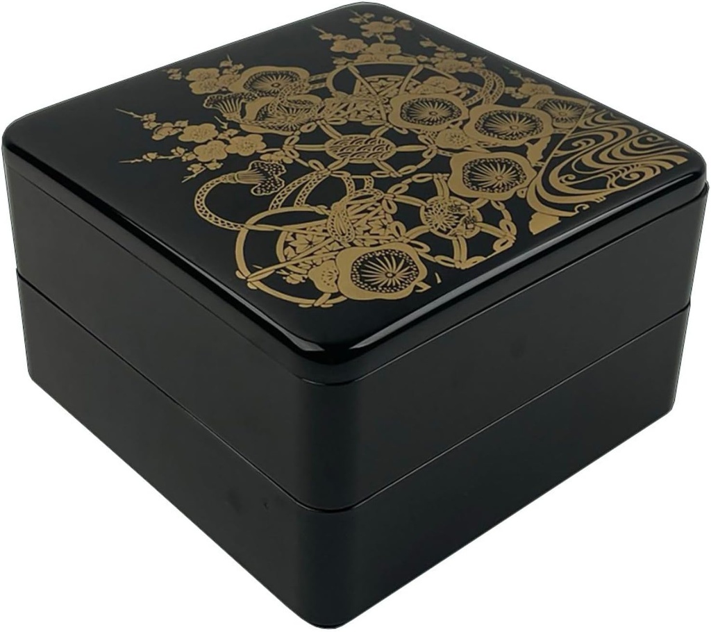 IPPINKA Two-Tiered Bento Box - Premium Japanese Food Container - 8 x 8 x 4.75 in - Classic Black Design with Gold Accents