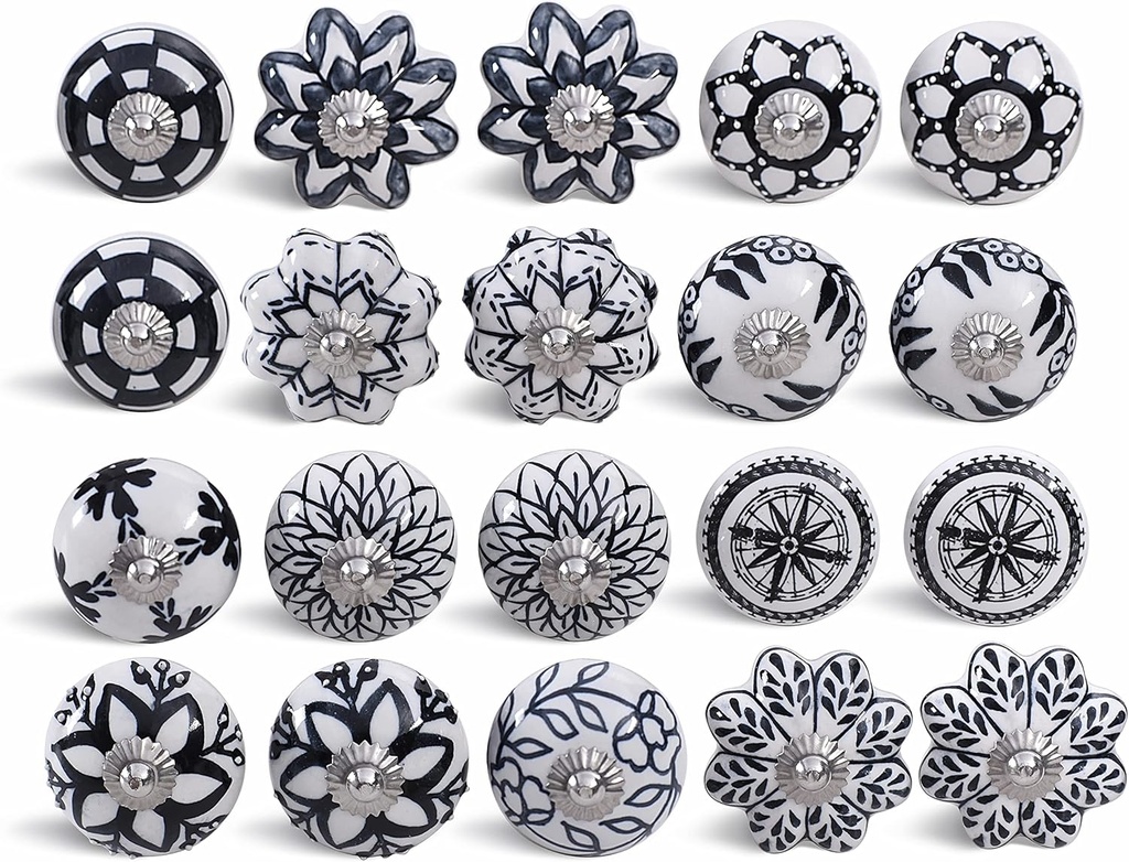 INDIAN ARTISTIC Door Knobs - Set of 20, Boho Cabinet & Closet Knobs (Black & White Ceramic)