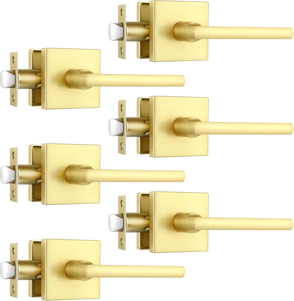 6 Pack Brass Passage Door Handle,Gold Keyless Door Handle Set Passage Door Lever for Hall and Closet, Satin Brass Finish