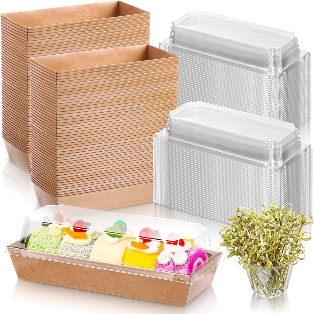 Sunnyray 200 Paper Charcuterie Sandwich Box with Clear Lids and Cocktail Picks Set 100 Pcs 7.5'' Disposable Food Container 100 Skewers for Strawberries Chocolate Covered Cookies Dessert(Brown)