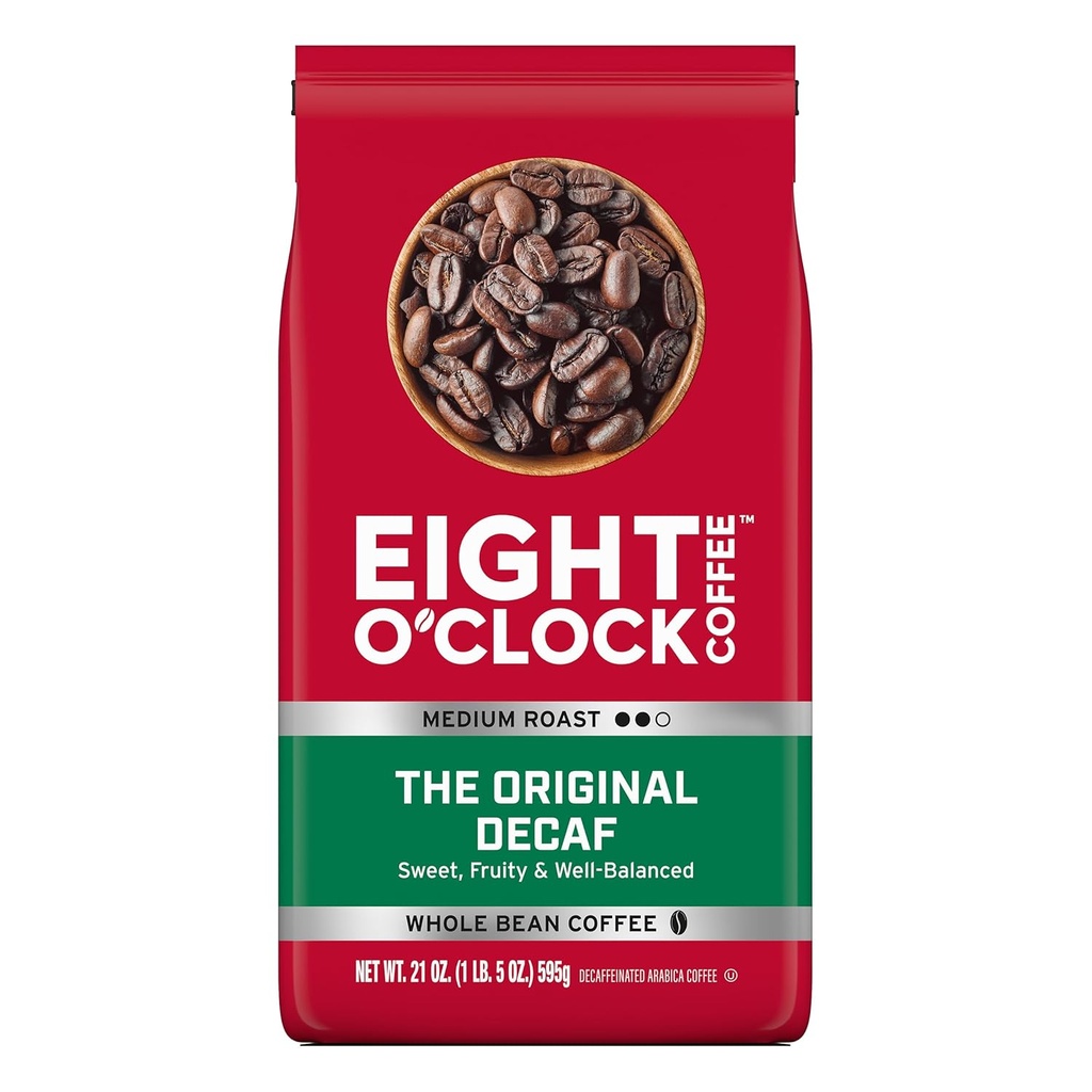 Eight O'Clock Coffee The Original Decaf Whole Bean Coffee, Medium Roast, 21 Ounce (Pack of 1) - Sweet, Fruity, Well Balanced