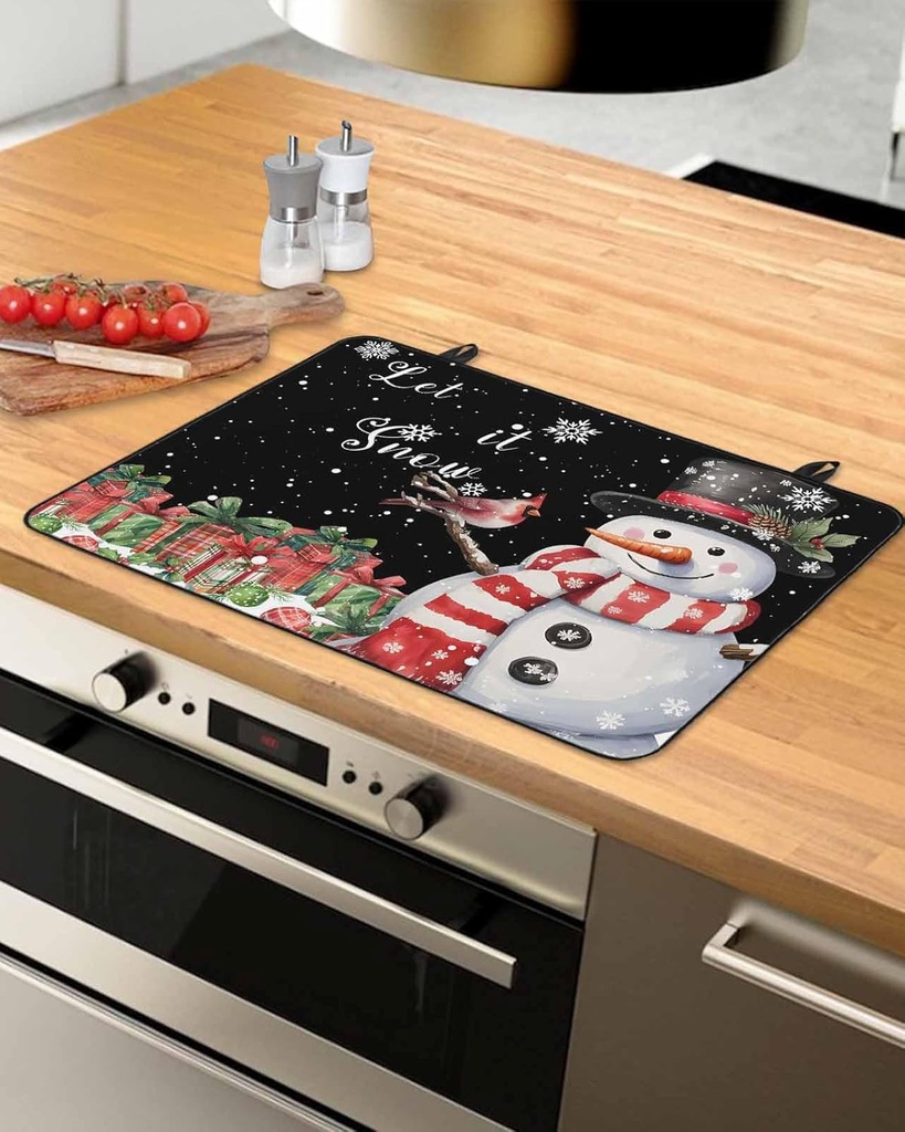 Christmas Countertop Burners Protection Mats for Kitchen, Snowman Snowflake Gift Winter Black Rubber Stove Top Cover Mat, Heat Proof Mats Cooktop Cover for Counter Dish Drying Mat, 31"x24"