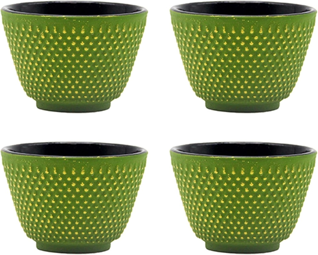 Japanese Cast Iron Tea Cups, Small and Heavy Teacups with no Handles, Japanese Style Cup for Adults, Asian Teacups, Coated with Enameled Interior, 4 Pcs/Box (Green, 2oz/60ml)