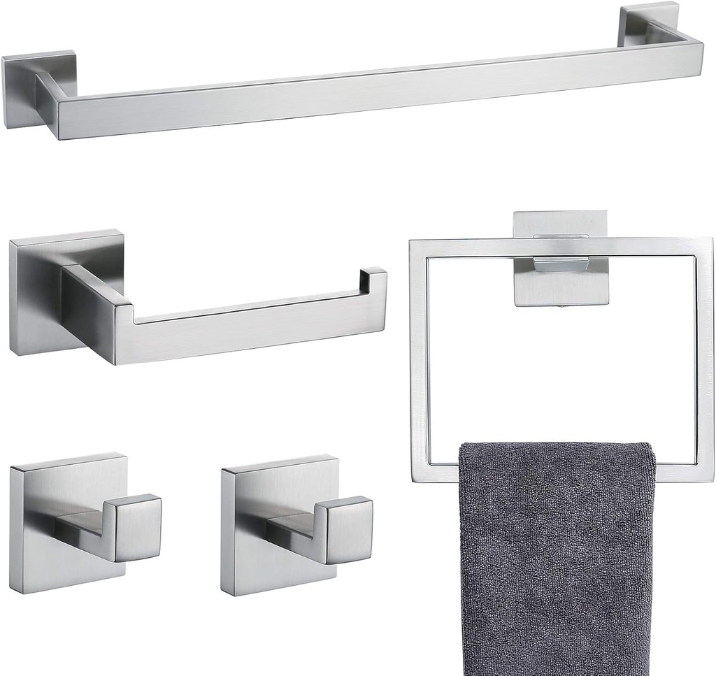 TNOMS Bathroom Towel Bar Set 5 Pieces Brushed Nickel Square Modern Bathroom Hardware Set,Stainless Steel Wall Mounted 23.6-Inch