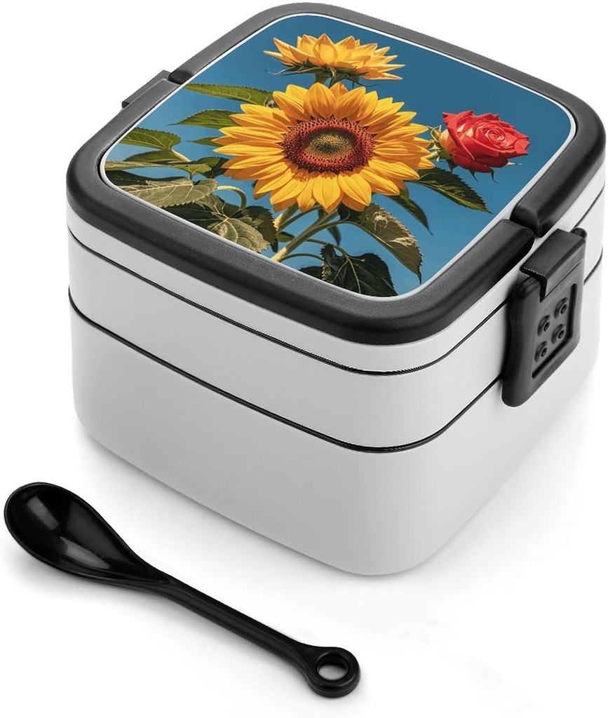 Sunflower Rose Bento Box Double Layer Lunch Box for Adults with Spoon And Handle Stackable Lunchbox Leakproof Lunch Container for Work Picnic Travel