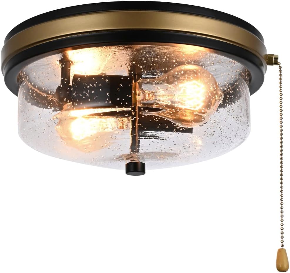 Industrial Farmhouse Close to Ceiling Light Fixture with Pull Chain Matte Black 2-Light Flush Mount Ceiling Light Fixtures with Seeded Glass 11inch