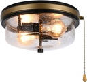 Industrial Farmhouse Close to Ceiling Light Fixture with Pull Chain Matte Black 2-Light Flush Mount Ceiling Light Fixtures with Seeded Glass 11inch