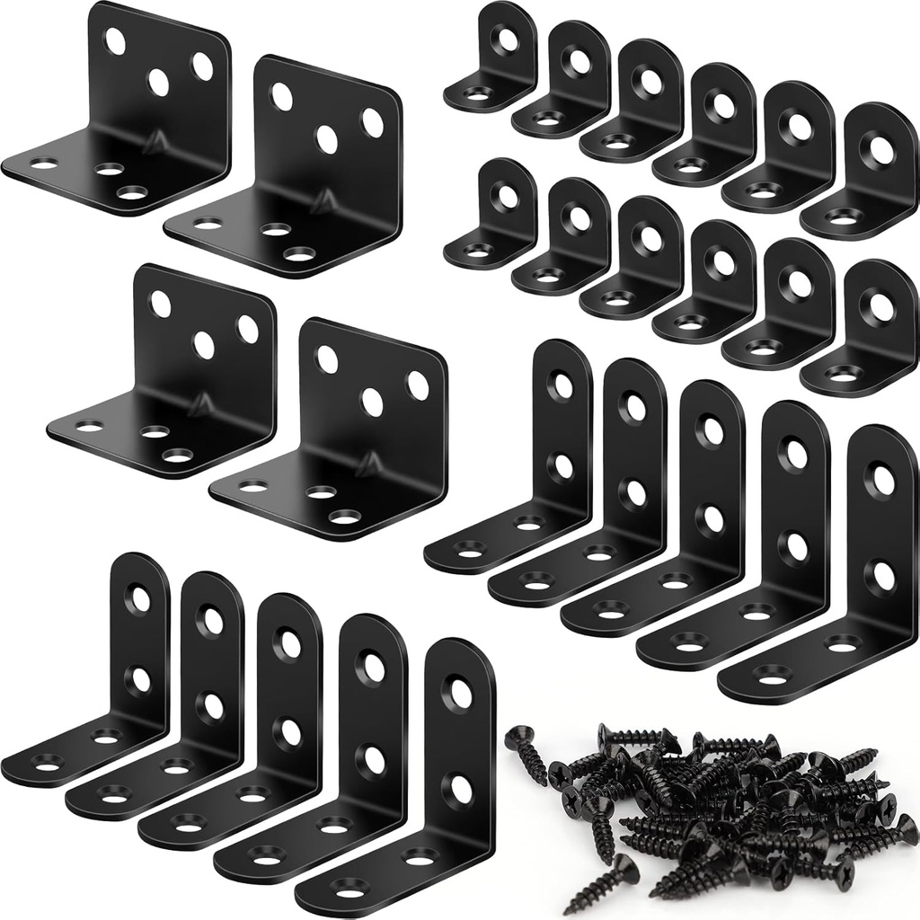 26PCS L Bracket Corner Brace Kit, 3 Sizes Stainless Steel L Brackets for Wood Shelves, 90 Degree Right Angle Bracket, Black Metal Corner Brackets for Furniture Cabinet Drawer Chair (with 88 Screws)