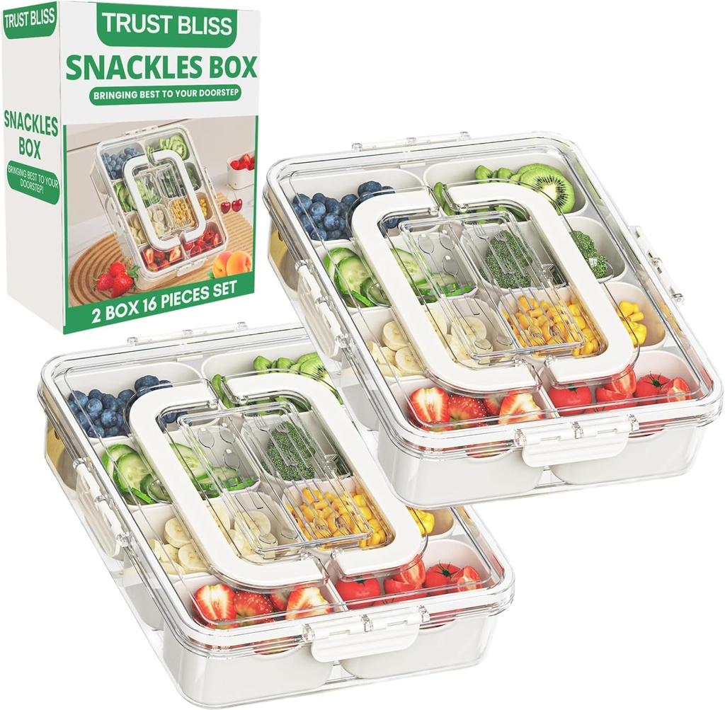 Snackle Box Container, Premium 2-Pack Divided Serving Tray & Lid with 8 Compartments, Large Durable Snackle Boxes for Parties – Snack box container, Perfect for Treats & Gifts (PET)