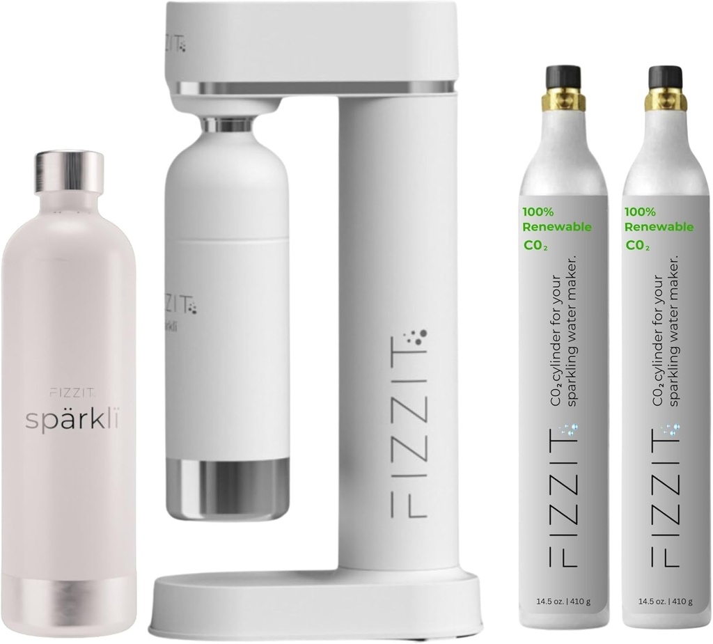White Stainless Steel Sparkling Water Maker with 2 CO2 Cylinders & 1L Reusable Stainless Steel Bottle For Soda Makers