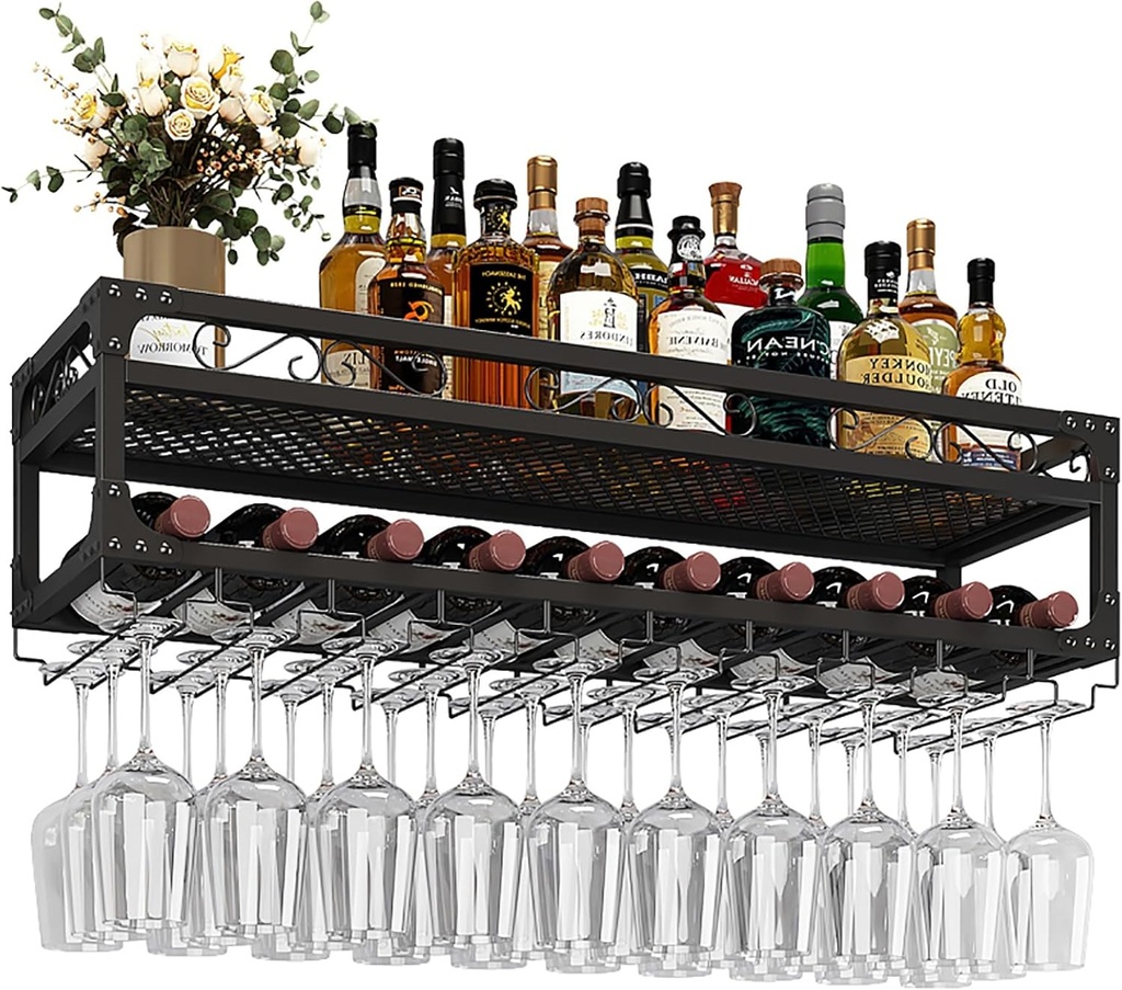 Wine Rack Wall Mounted with Wine Glass Holder,Iron Wine Storage Racks,Metal Floating Shelves,Hanging Liquor Shelf,for Home Bar Wine Cellar Living Room Kitchen Decor，Black (Size :