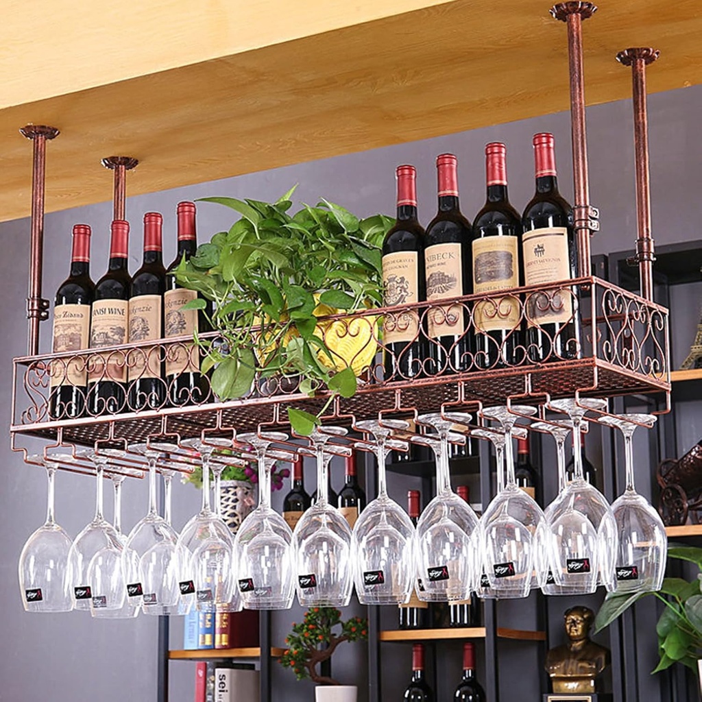 Ceiling Hanging Bar Unit Hanging Holder Ceiling Wine Bottle Holder, Wine Rack Home Decor Storage Shelves for Kitchen Bar Wine Cellar Wine Glass Holder/Wine Bottle Stand/Storage Fra