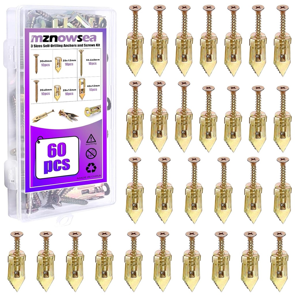 60 Pcs Self Drilling Drywall Anchors 3 Sizes Screw Anchors Kit, No Drill and Holes in Wall, for Gypsum wallboard, Dry Wall, for Hang Wall Lights, Picture Frames, Curtains, Clocks