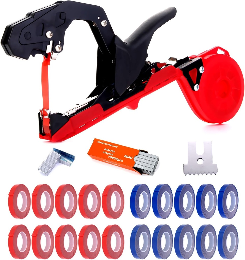 Plant Tying Machine,Plant Vine Tying Machine Tool with 10000pcs Staples 20 Rolls Tape Plant Tape Gun for Grapes Raspberries Tomatoes and Vining Vegetables Tying Tool(red), 8018-1