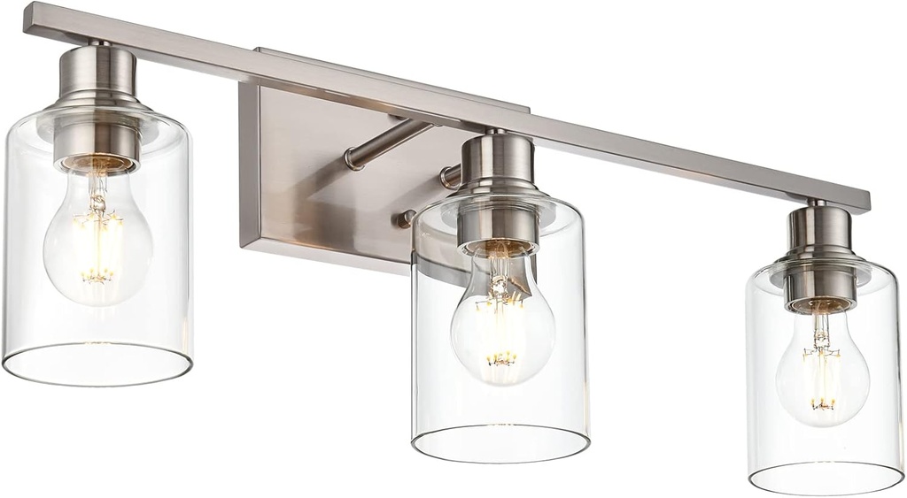 VINLUZ Metal Brushed Nickel 3 Lights Wall Light,Indoor Vanity Light Fixture with Clear Glass Shade Farmhouse Bathroom Lighting Fixtures Over Mirror for Porch Workshop