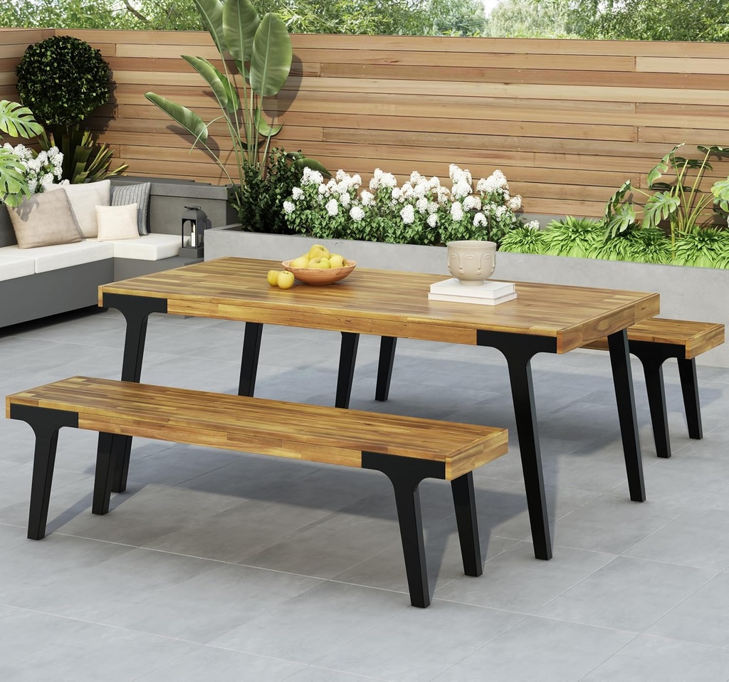 Christopher Knight Home 3 Piece Patio Dining Table,Acacia Wood Table Bench Dining Set,2 Wood Benches with 69'' Large Dining Table,Industrial Style Dining Furniture Set for Outdoor Deck, Yard, Porch