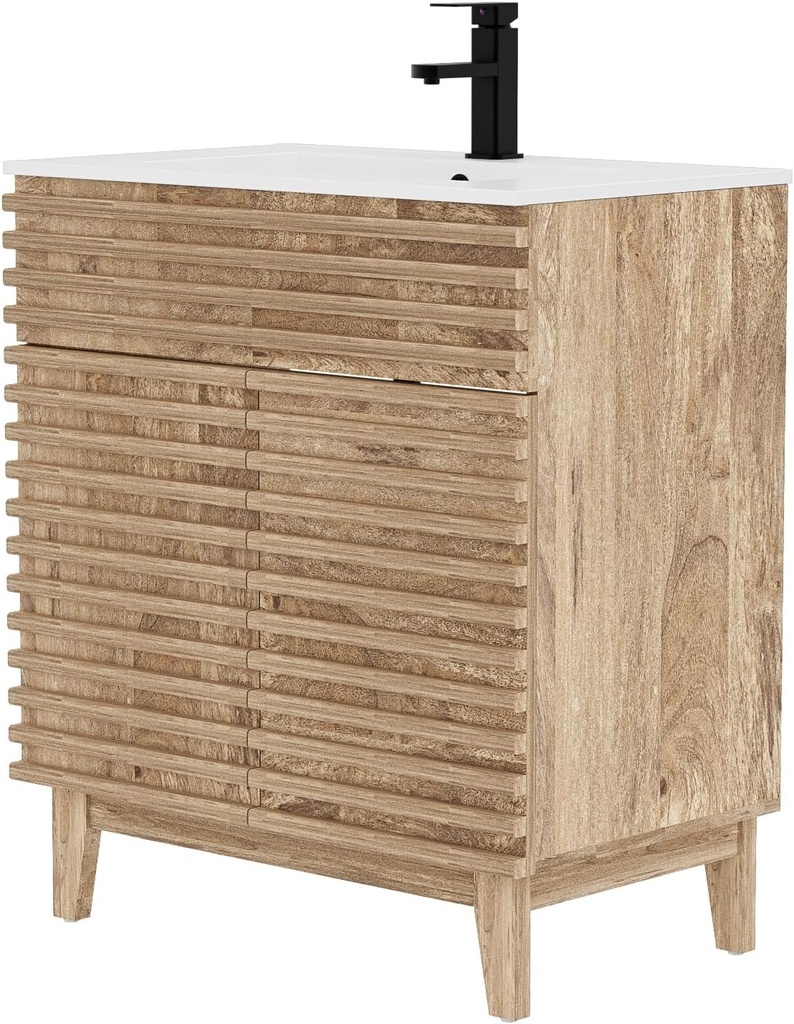 LUCKWIND 30" Bathroom Vanity with Sink Combo, Mid-Century Storage Cabinet with Wood Stripes, Ceramic Sink and Water Saving Faucet, Walnut