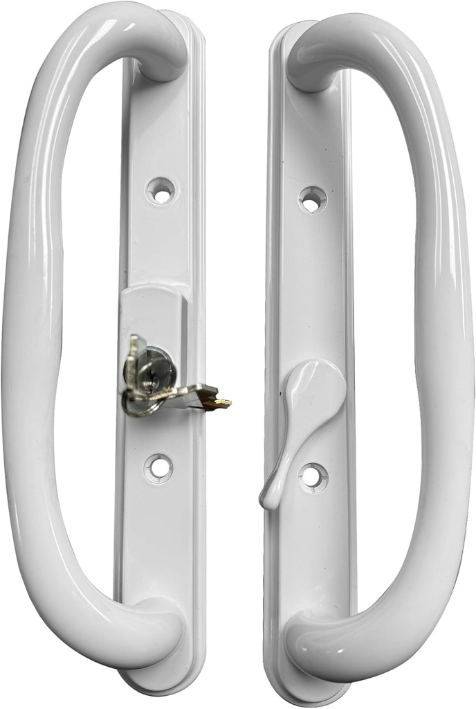 10" Olympus Sliding Patio Glass Door White Offset Pull Handle Set Replacement with Keys fits 3 ¹⁵/₁₆ inches Hole Spacing, and 1-1/4" to 2-1/4" Door Thickness - Fix and Repair Hardware