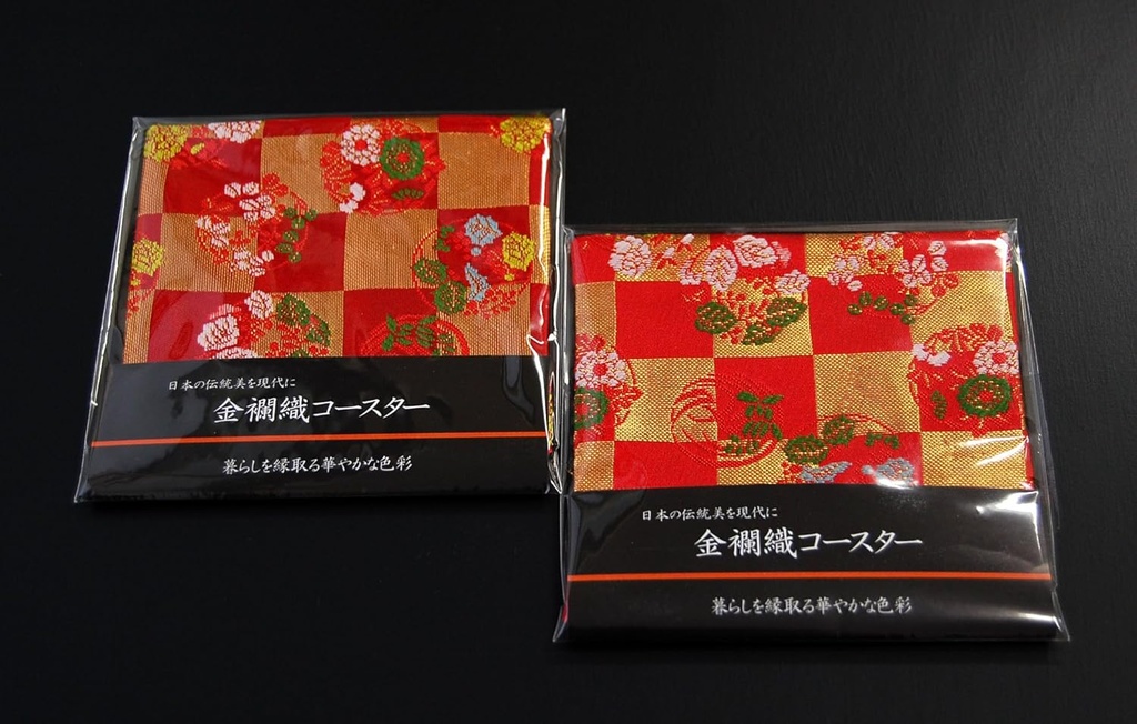 SHINSENDO Kimono Coasters Japanese Traditional Fabrics Kinran Set of 2 (Pattern Name: Red Checkered
