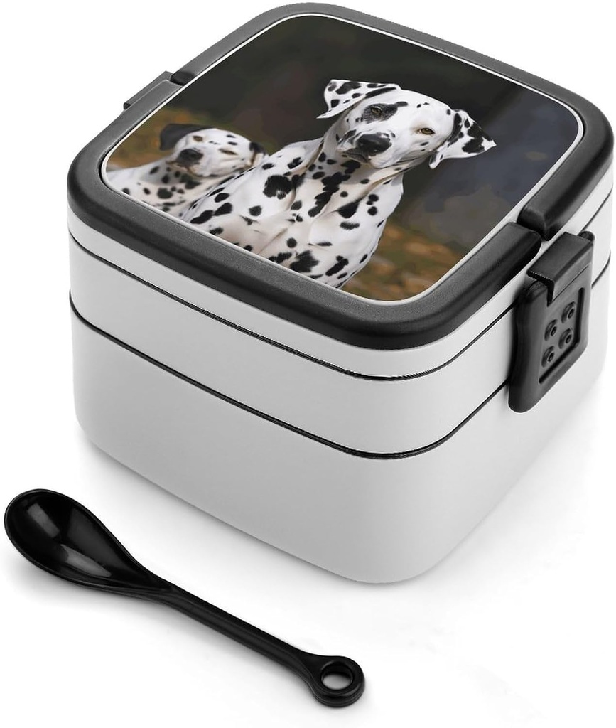 Dalmatian Dog Bento Box Double-Layer Bento Lunch Container with Spoon And Invisible Handle Adult Leak-Proof Lunchbox for Dining Out Work Picnics Travel