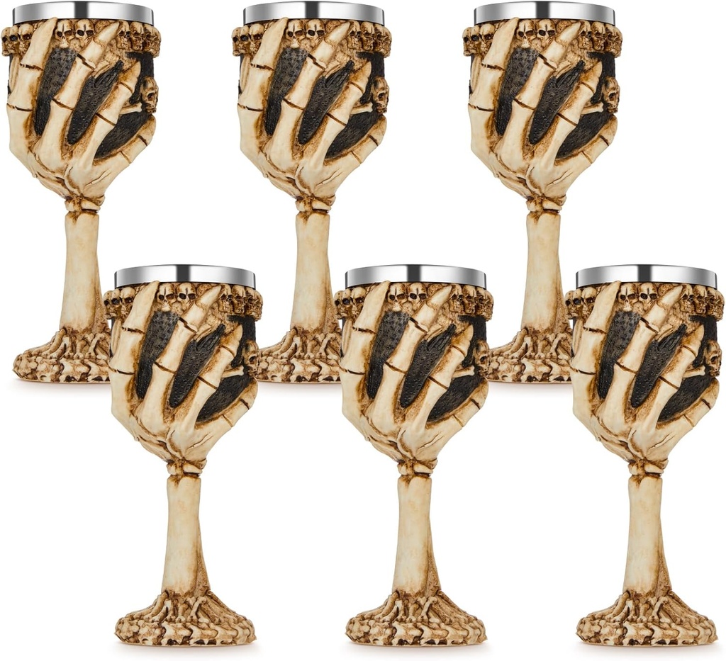 LemonRoad 6 Pcs Halloween Skeletal Wine Goblet Skull Sacrifice Wine Chalice Cup Halloween Table Decor Horrible Resin Stainless Steel Gothic Drinking Mug Medieval Cup Bar Beverage Cocktail