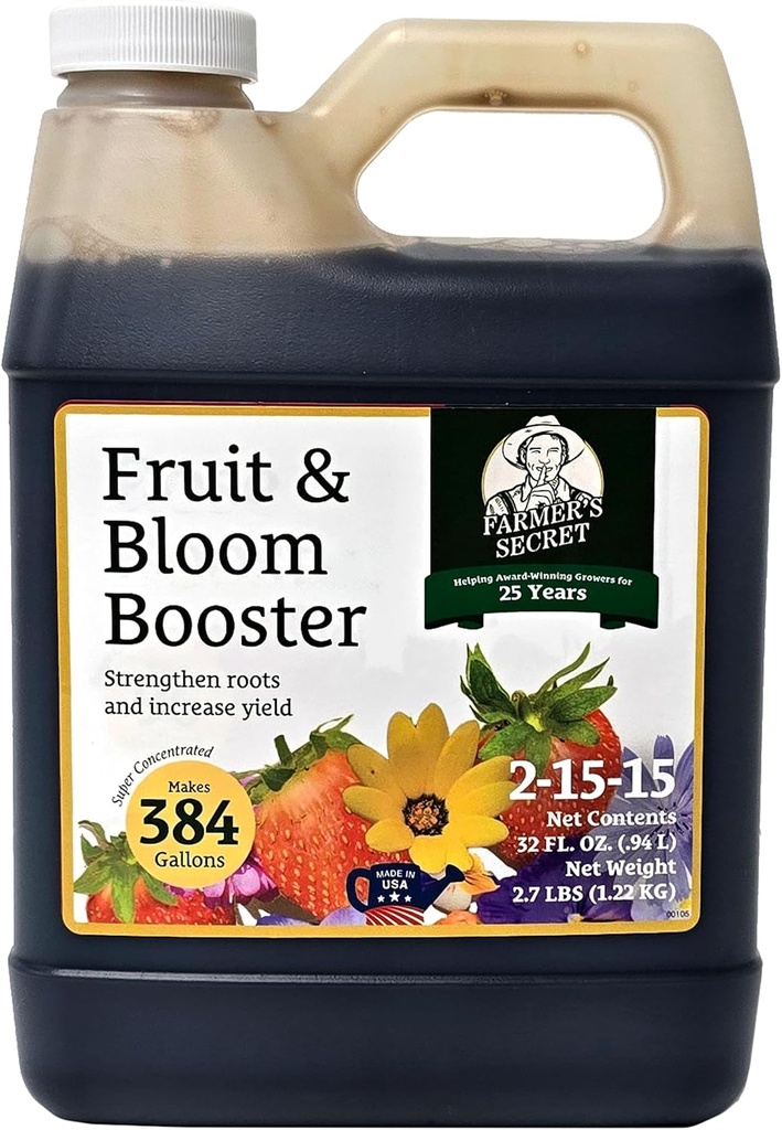 Farmer’s Secret Fruit & Bloom Booster Fertilizer (32oz) - Super Concentrated - Boosts Flowering and Yield on All Varieties of Fruits, Vegetables and Flowers - Formulated for Late Summer & Early Fall