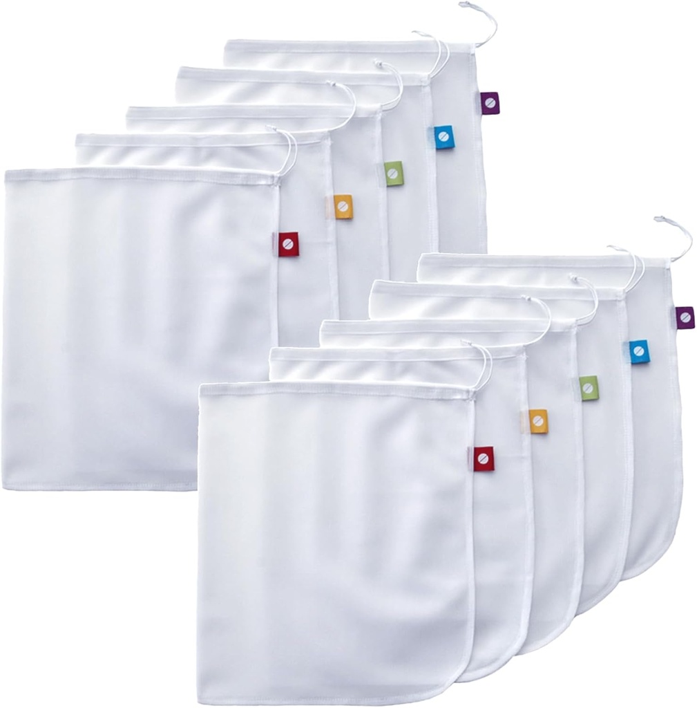 Reusable Produce Bags, Washable Mesh Bags for Fruits and Vegetables, Set of 10 - Flip and Tumble