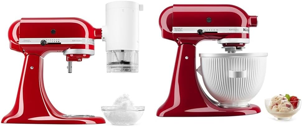 KitchenAid Shave Ice Attachment, KSMSIA, White, 4 Molds and KitchenAid Ice Cream Maker Attachment Stand Mixer, 2 Quart, White