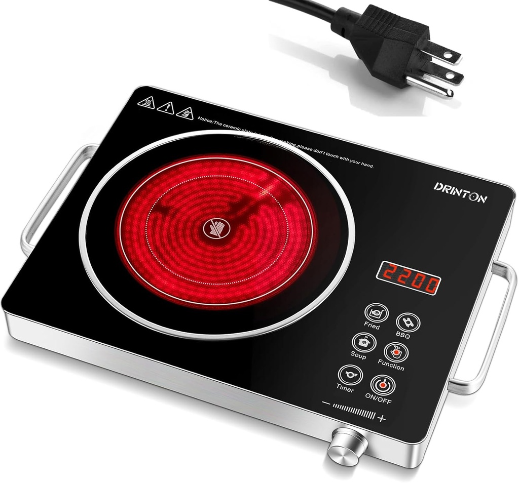 Electric Cooktop Hot Plate, 2200W 110V Electric Single Burner with 2H Timer, Adjustable Temperature for Countertop Cooking, Portable Stove Top Infrared Cooker, Compatible for All Cookwares