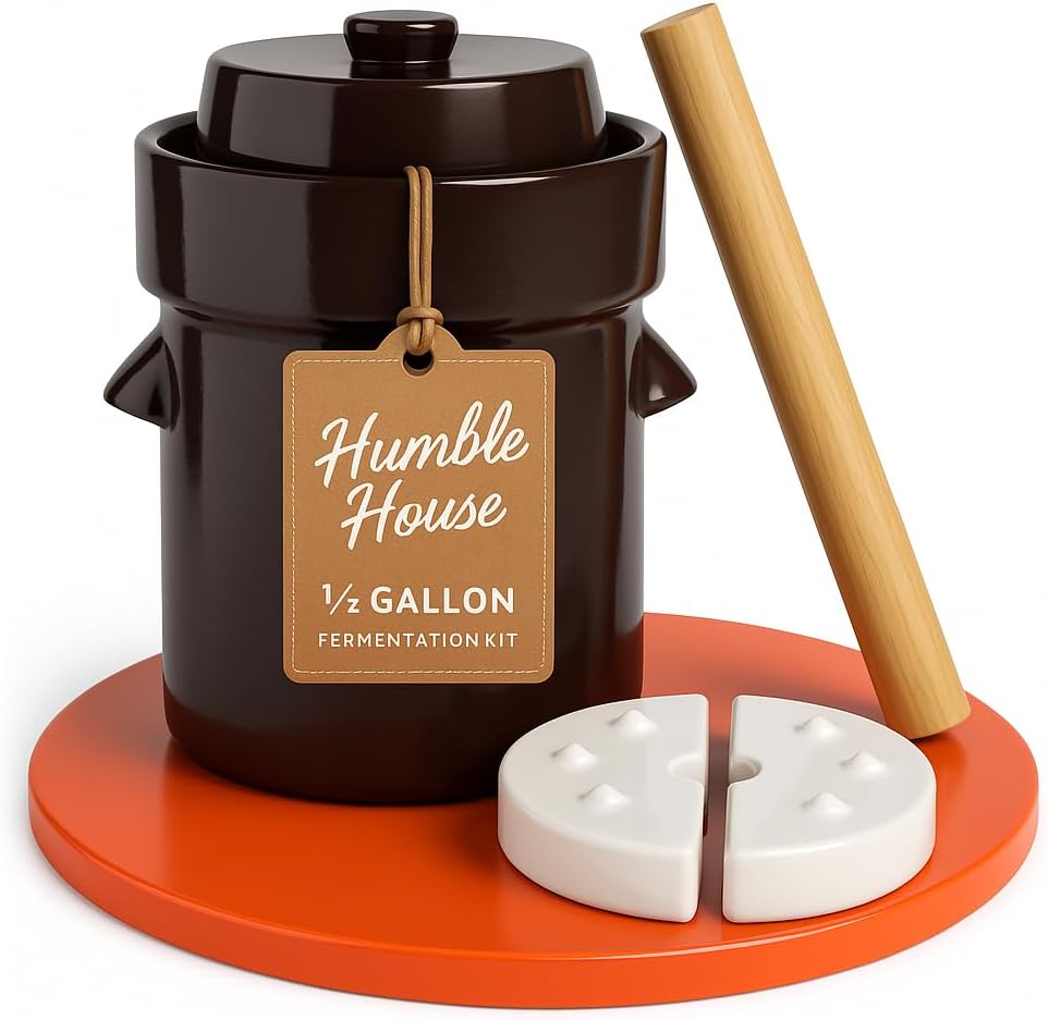 Humble House Fermentation Crock 1/2 Gallon Sauerkrock Sauerkraut Crock with Lid Weights & Pounder - Brown Ceramic Fermenting Crock Kit for Pickling Cabbage Kimchi Vegetables 2 Liter Fermentation Jar
