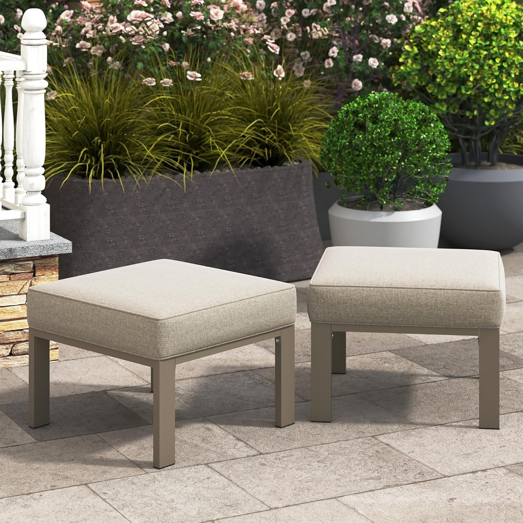 Wisteria Lane Patio Furniture Footstools Metal Ottomans Set of 2, Metal Outdoor Ottomans with Upgraded Cushions, All-Weather Outdoor Footrest Seat for Balcony, Garden, Deck, Backyard, Khaki