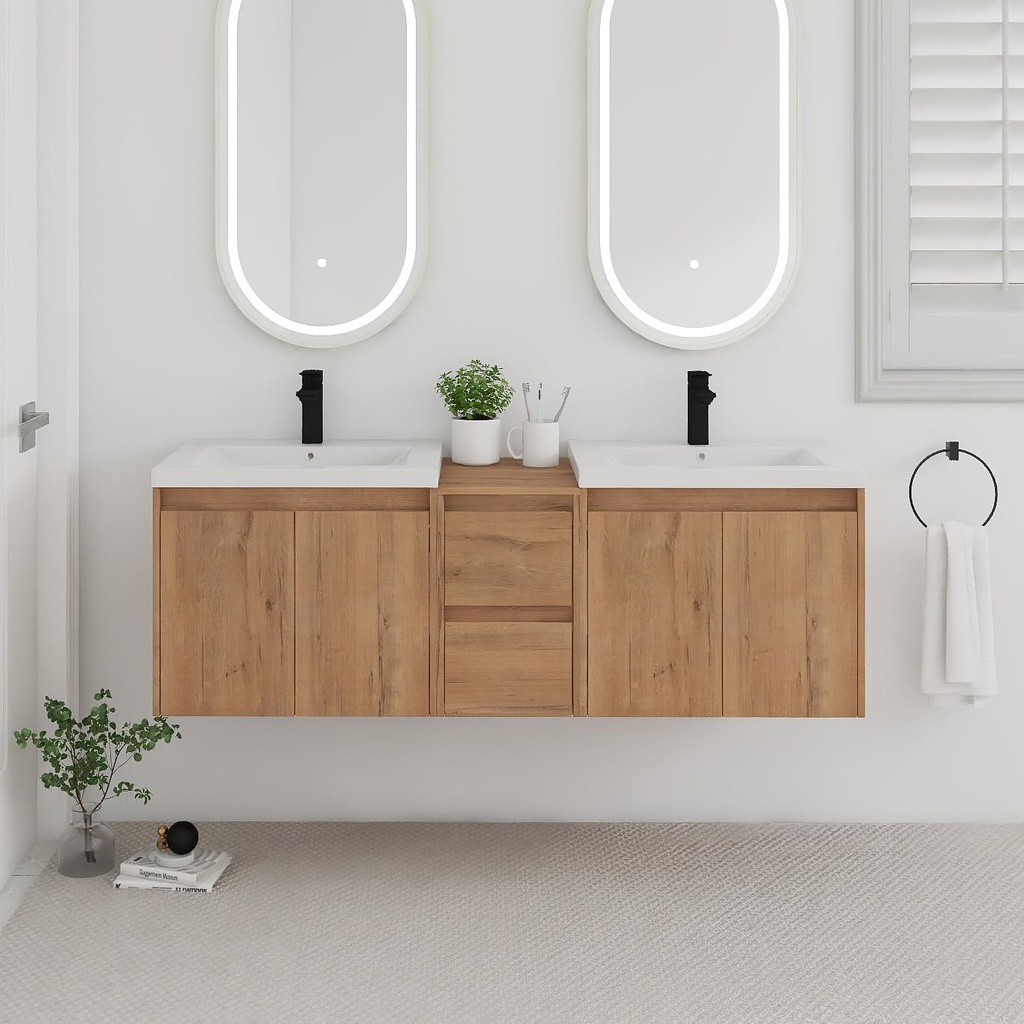 60 Inch Floating Vanity, 60" Bathroom Vanity with Sink, Double Sink Wall Mounted Vanity Combo, Modern Bathroom Vanity Set,Brown Plywood Cabinet with Soft-Close Function