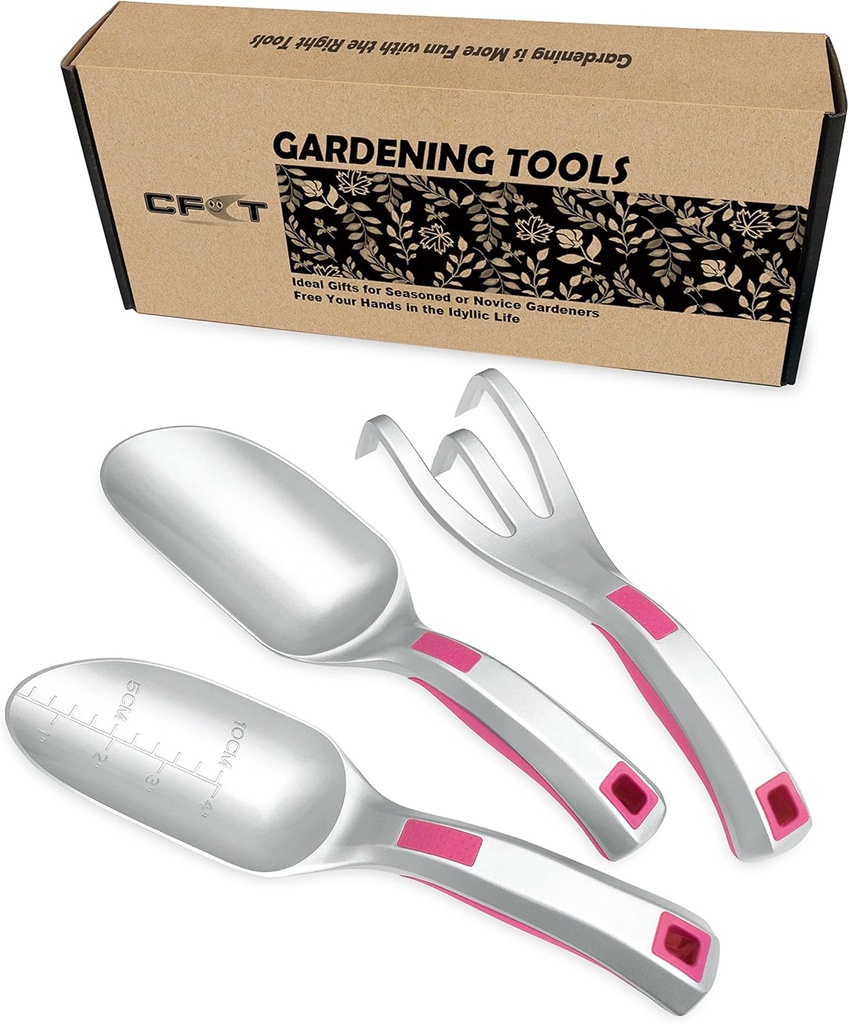 Garden Tool Set, 3PC Bend Proof Gardening Tool Kits (Soil Scooper, Garden Trowel, Cultivator Hand Rake), One-Piece Aluminum, Garden Gift Pink