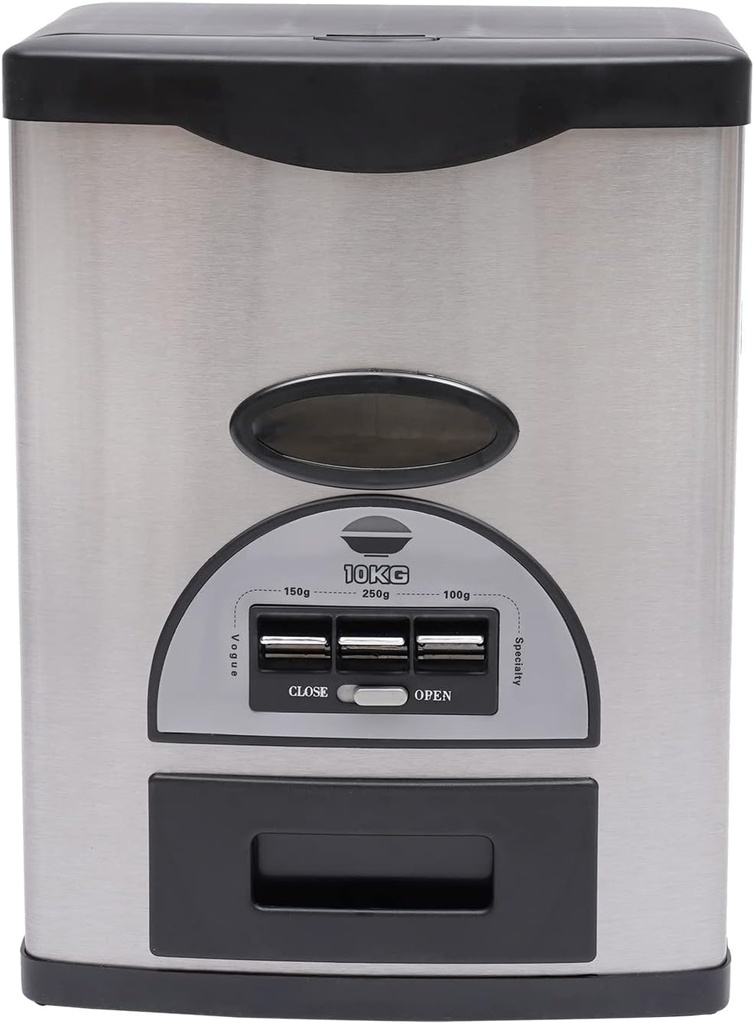 Rice Storage Container, 10kg/22.05lbs Stainless Steel Rice Dispenser, Portion Design Rice Storage Bucket with Lock Switch, for Kitchen, Dining Room, Pantry, Grey, Black