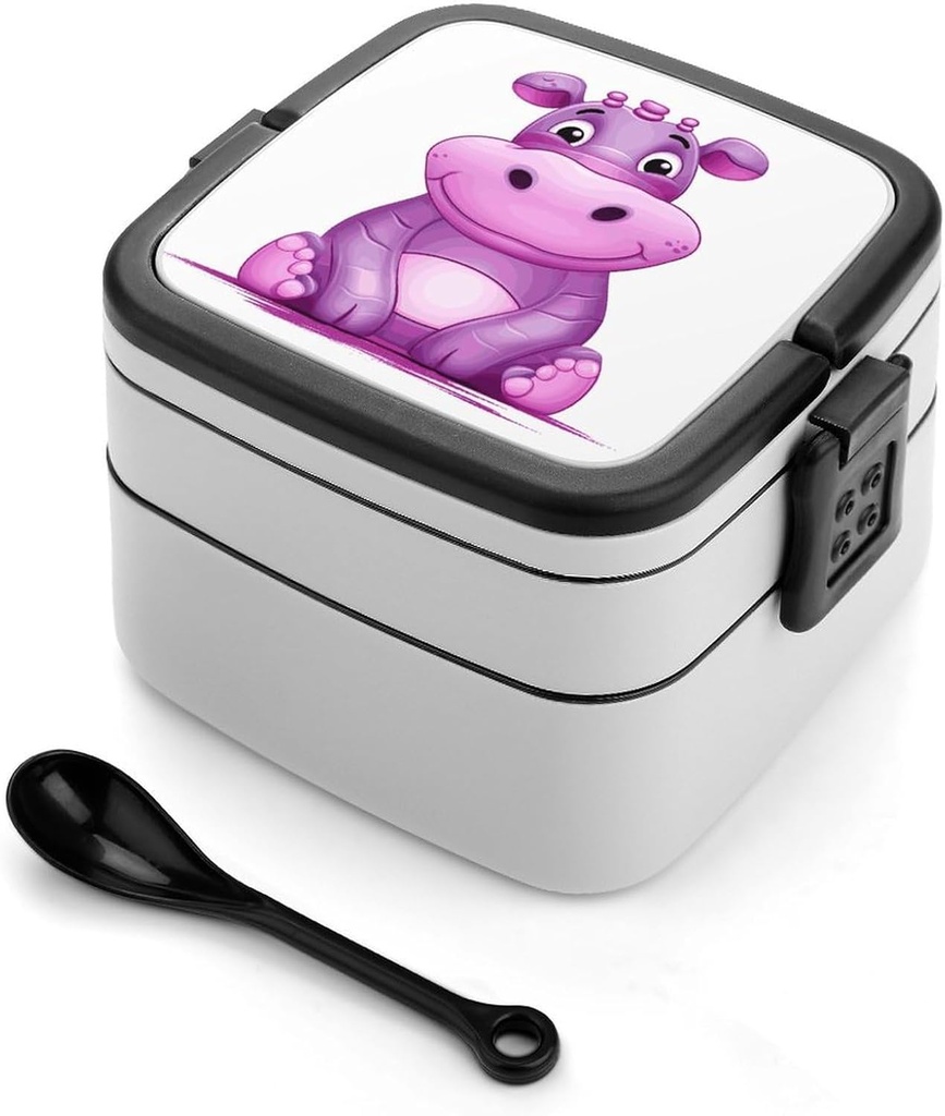Stackable Double-Layer Bento Box Cartoon Purple Hippo Adults Lunchbox With Spoon Cute Japanese Bento Box Dishwasher Safe for Work Travel Dining Outc