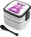 Stackable Double-Layer Bento Box Cartoon Purple Hippo Adults Lunchbox With Spoon Cute Japanese Bento Box Dishwasher Safe for Work Travel Dining Outc