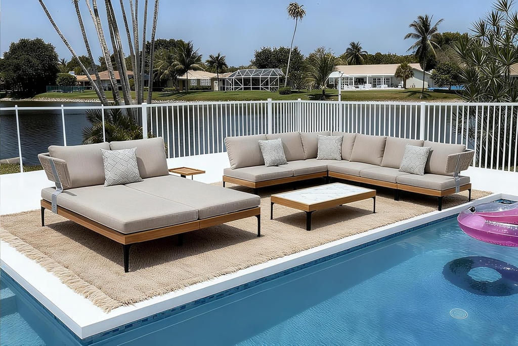 PURPLE LEAF 7 Pieces Patio Furniture Set with Daybed Tables Outdoor Wicker Sectional Conversation Sets Modern Aluminum L Shaped Sofa for Balcony Yard Garden Poolside, Cushions and Pillows Included