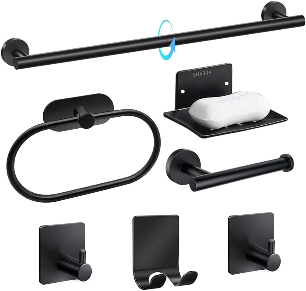 Matte Black Bathroom Hardware Set, Modern 24-Inch Towel Bar Set Wall Mounted, Durable SUS304 Stainless Steel Bathroom Accessories Set, 7-Piece (Matte Black)