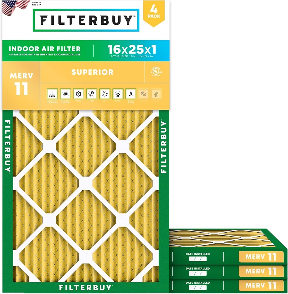 Filterbuy 16x25x1 Air Filter MERV 11 Superior Pet & Allergy Defense (4-Pack), Electrostatic Pleated HVAC AC Furnace Filters Replacement, Made in USA (Actual Size: 15.50 x 24.50 x 0.75)