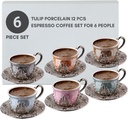 LaModaHome Espresso Coffee Cups with Saucers Set of 6, Porcelain Turkish Arabic Greek Coffee Cups for Women, Men, Adults, Guests or for Tea Party. Cappuccino Cups for Latte - Silver/Mixed Color